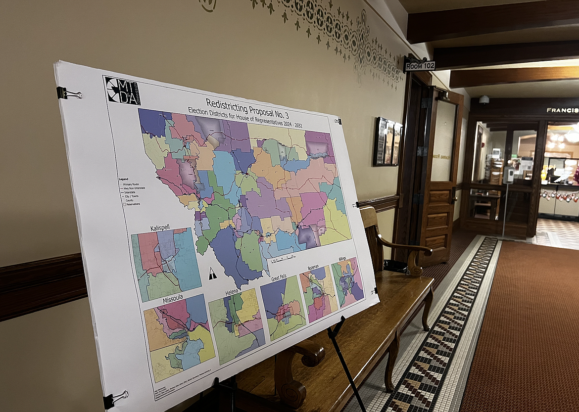 One of the legislative district maps proposed during the summer on display at Montana’s Capitol on Thursday. (Photo by Nicole Girten/Daily Montanan)