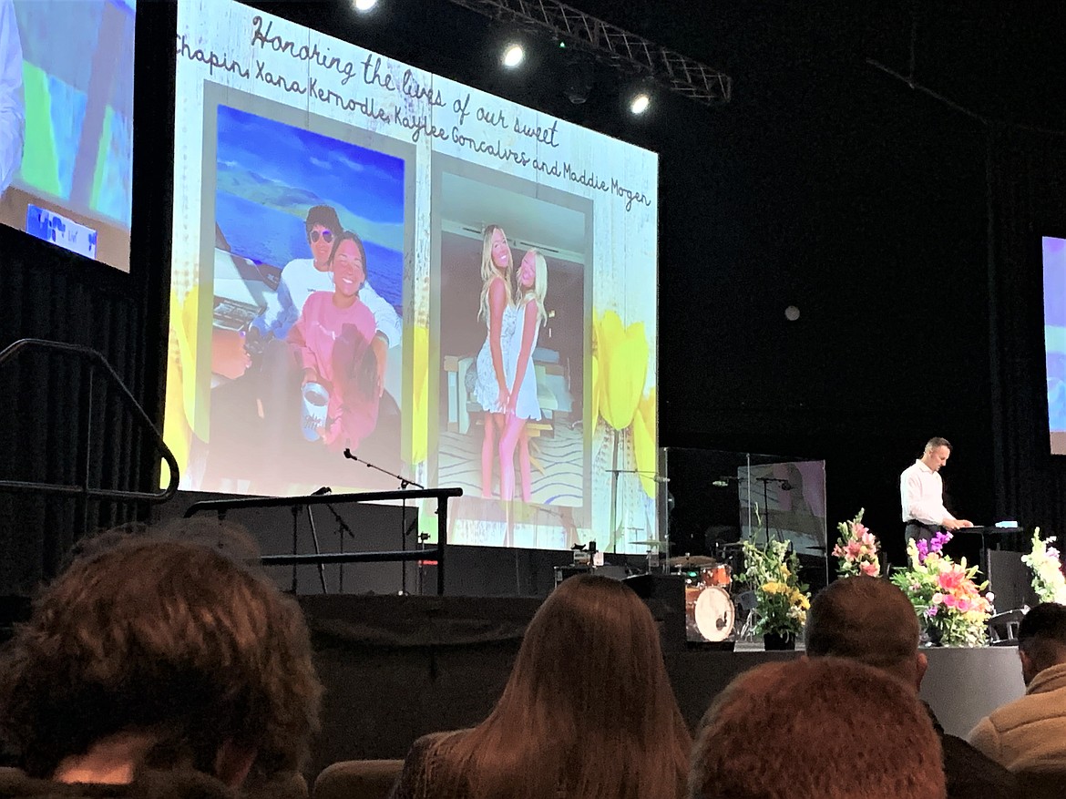 Real Life Ministries Pastor Sam Meredith speaks during Friday's celebration of life for Ethan Chapin, Xana Kernodle, Kaylee Goncalves and Maddie Mogen.