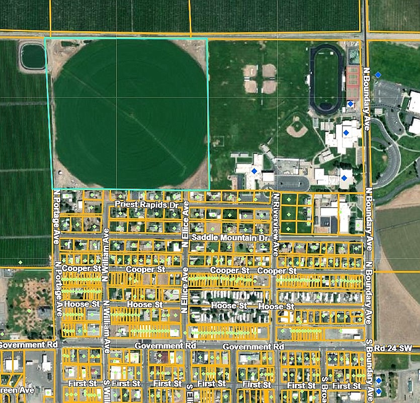 The Mattawa City Council is tentatively scheduled to decide Jan. 5 whether or not to annex 40 acres of property (top left with irrigation circle) into the city limits.