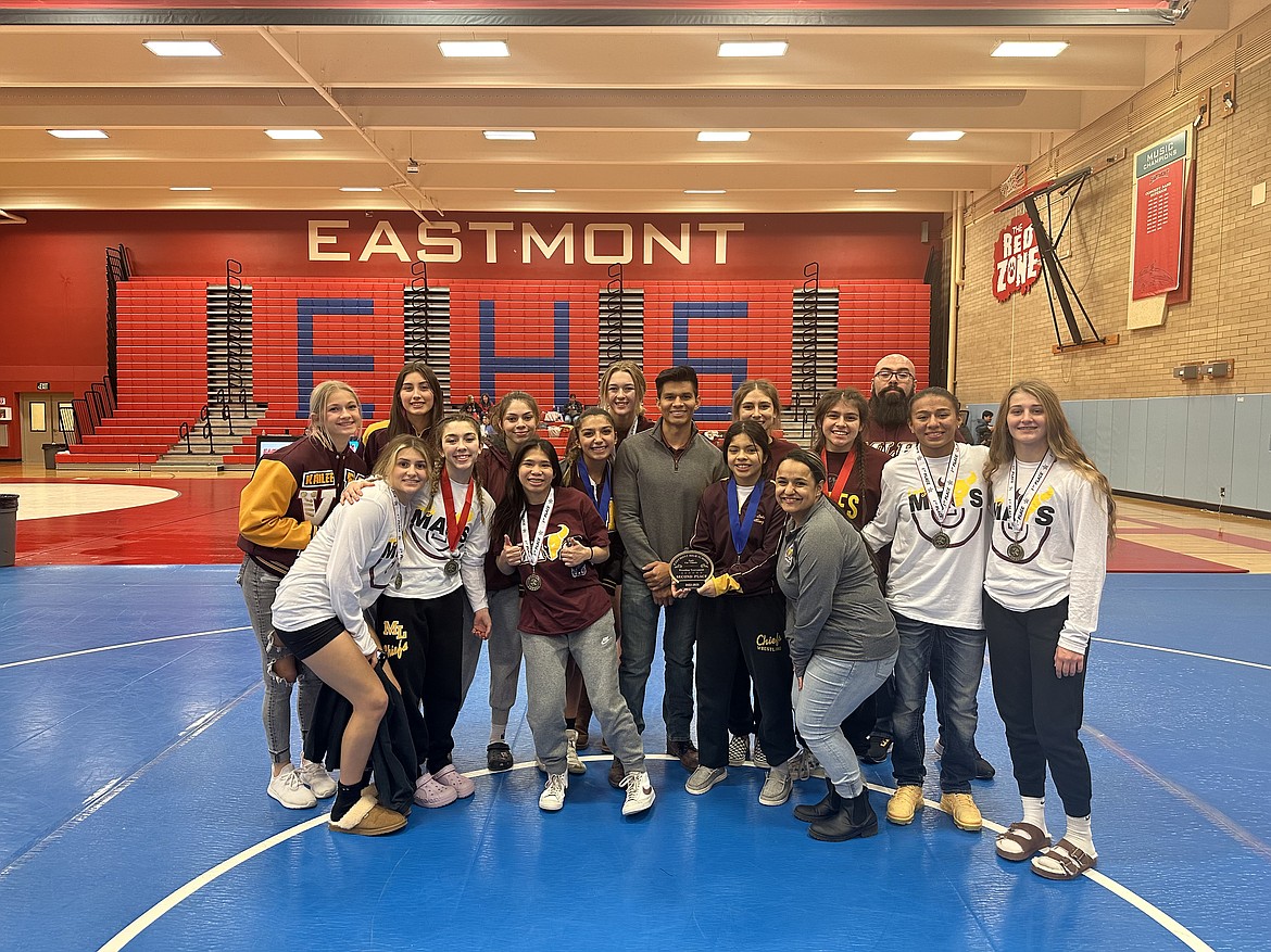 The Moses Lake girls wrestling team poses after their second-place finish at Saturday’s Lady Cat Invite at Eastmont High School.