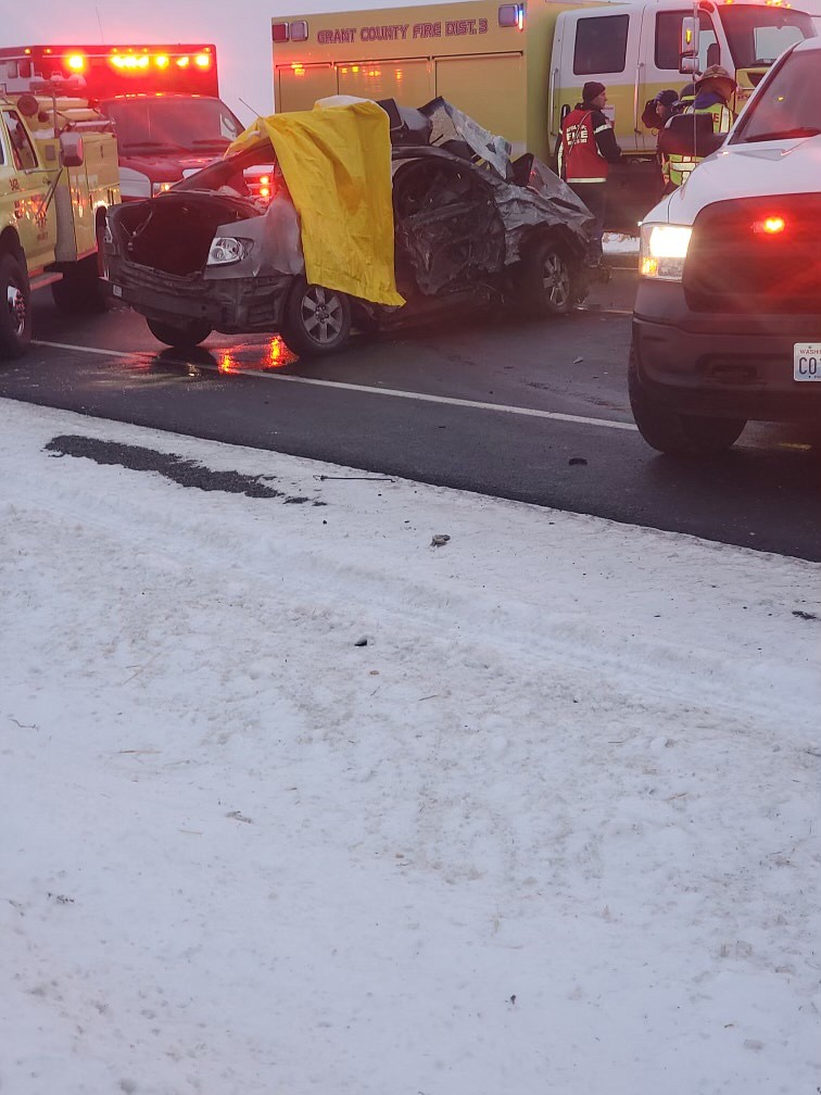 A Toyota Carolla was struck by a Nissan pickup Tuesday morning when the Corolla lost control and went into a spinning skid and subsequently into the oncoming lane of traffic.