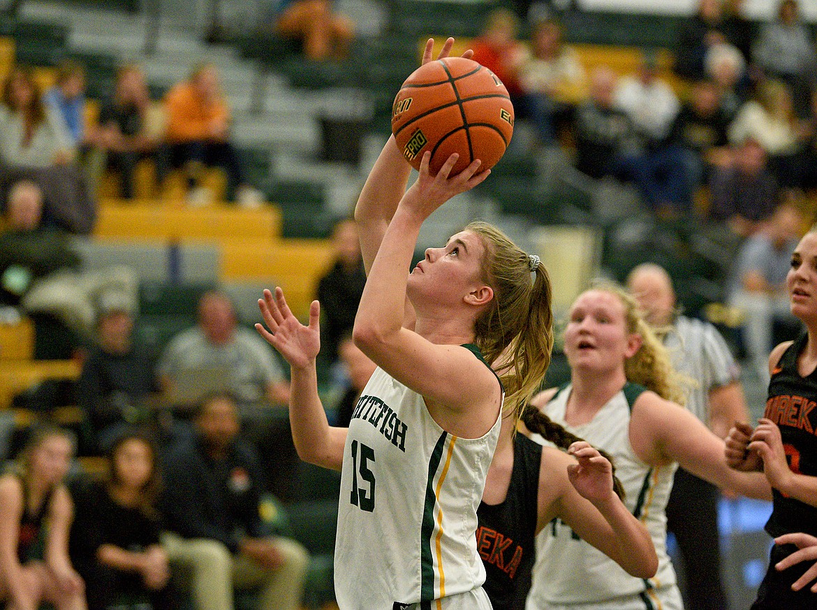 Bulldog Bailey Smith takes a shot in a game against Eureka on Friday in Whitefish. (Whitney England/Whitefish Pilot)