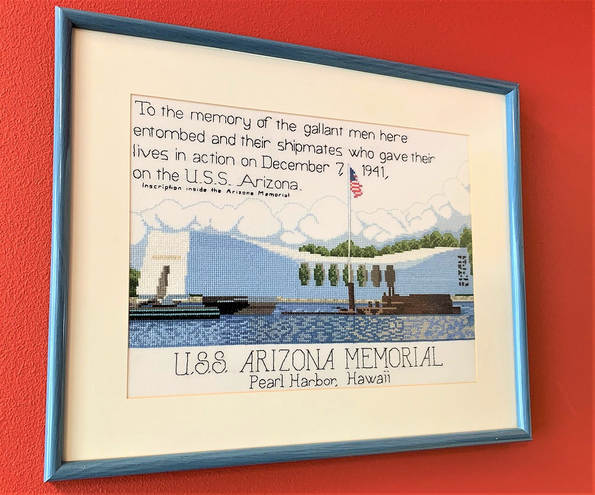 This art at the American Legion in Post Falls depicts the USS Arizona Memorial.