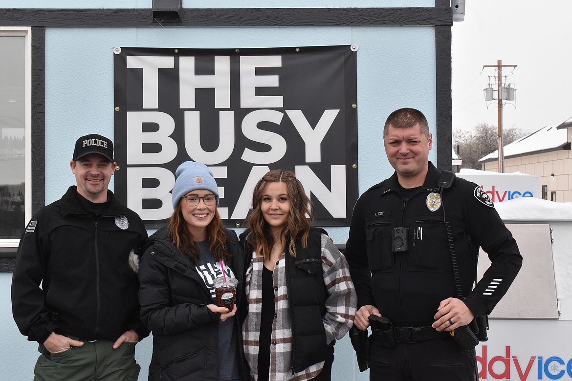 From left to right, Soap Lake Police Officer Robert Geates, The Busy Bean Owner Kenzie Balentine, The Busy Bean Barista Kristina McCrady and SLPD Chief Ryan Cox.