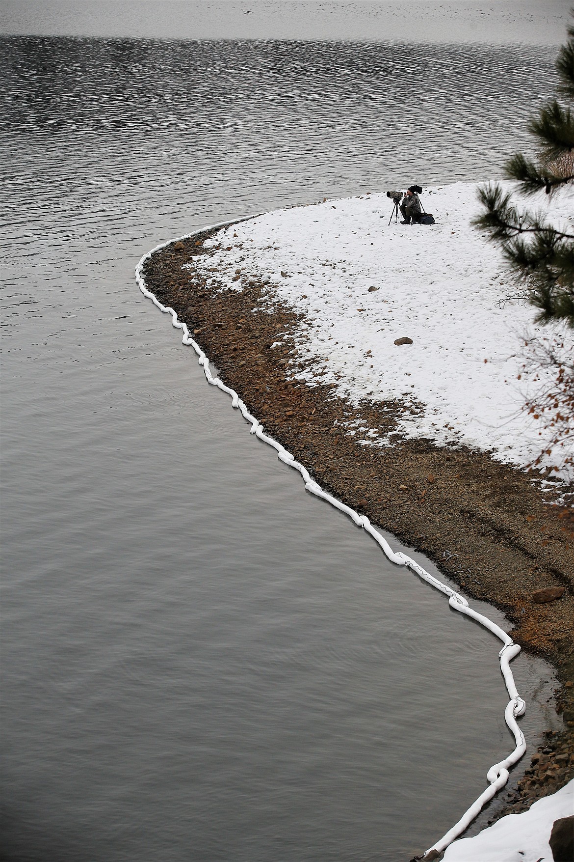 An oil containment boom lines the shoreline at Higgens Point on Thursday, while photographer Jeff Brenner watches for bald eagles.