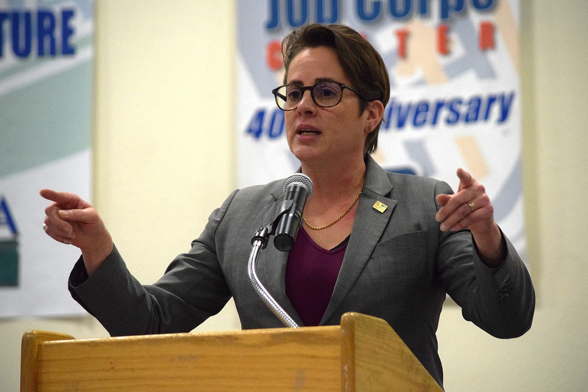 Big Bend Community College President Sarah Thompson Tweedy addresses graduates at the Columbia Basin Job Corps Center during the center’s first public graduation ceremony since the outbreak of COVID-19. “You have much to be proud of,” Thompson Tweedy told graduates.