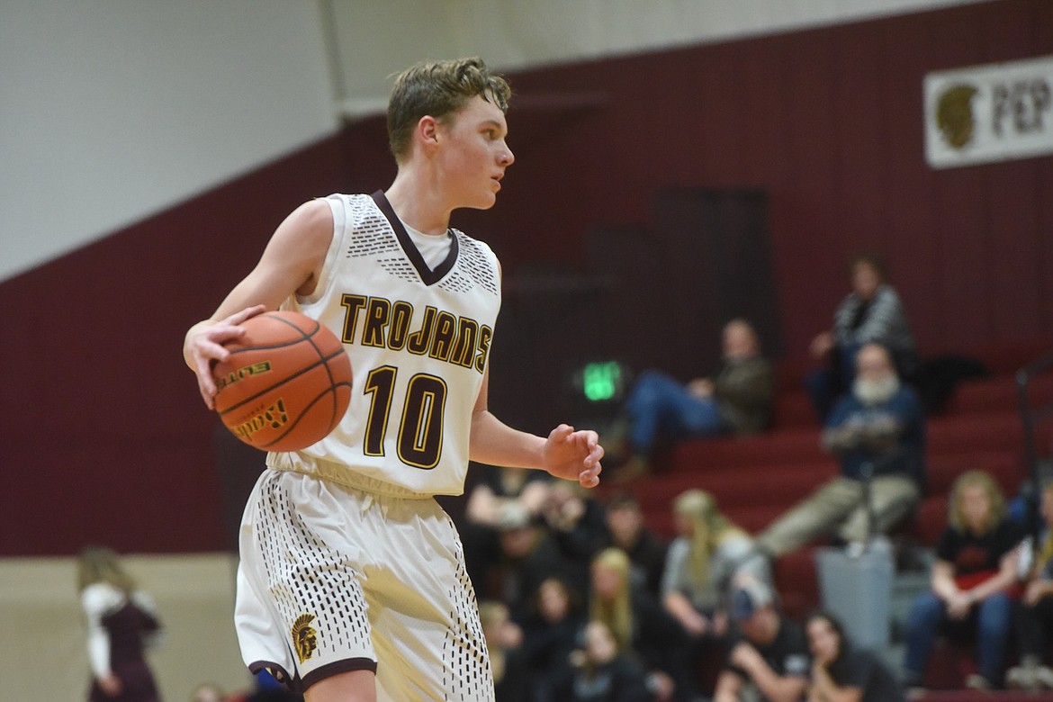 Troy freshman Nolan Morris scored 10 points to help the Trojans beat Noxon on Saturday night. (Scott Shindledecker/The Western News)