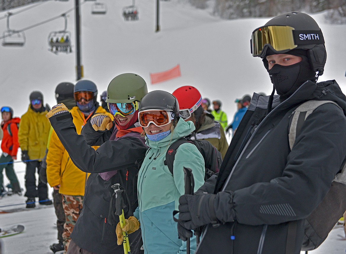Skiers are stoked to ride Chair 1 on opening day at Whitefish Mountain Resort. (Julie Engler/Whitefish Pilot)
