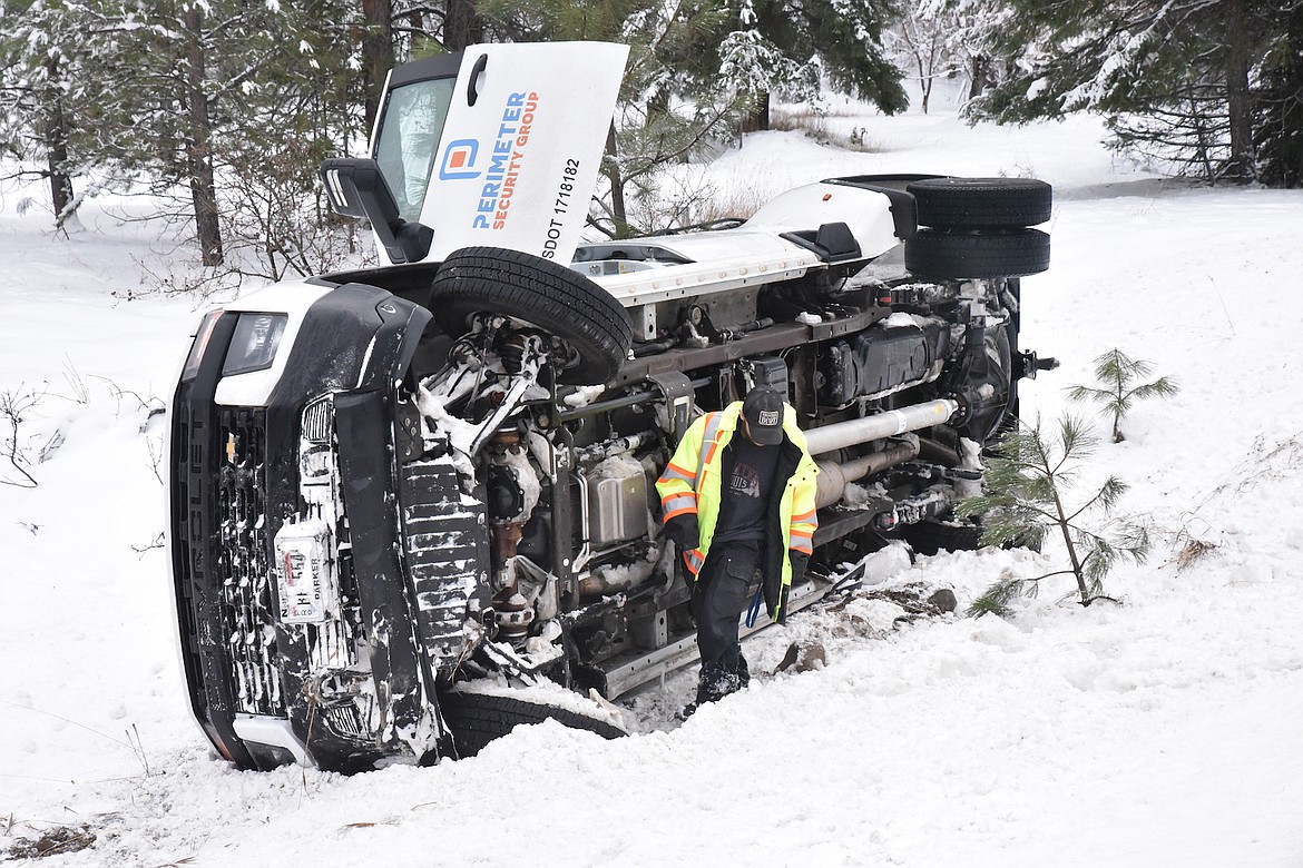 There were no injuries in an accident Tuesday afternoon on U.S. 2, just east of Paul Bunyan Lane in Lincoln County. The truck was headed west when it left the right side of the road and ended up on the passenger side. Montana Highway Patrol, the Libby Volunteer Fire Department and Lincoln County Sheriff's Office responded to the scene. (Scott Shindledecker/The Western News)