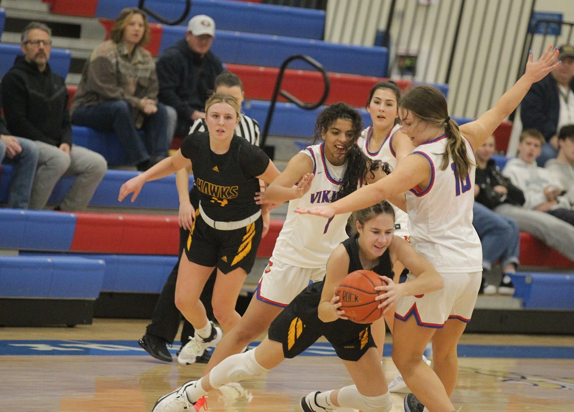 JASON ELLIOTT/Press
Lakeland freshman guard Karstyn Kiefer attempts to dribble out of the trap of Coeur d'Alene's Kendall Omlin (10) and Teagan Colvin (1) during the first quarter of Tuesday's Inland Empire League game at Viking Court.