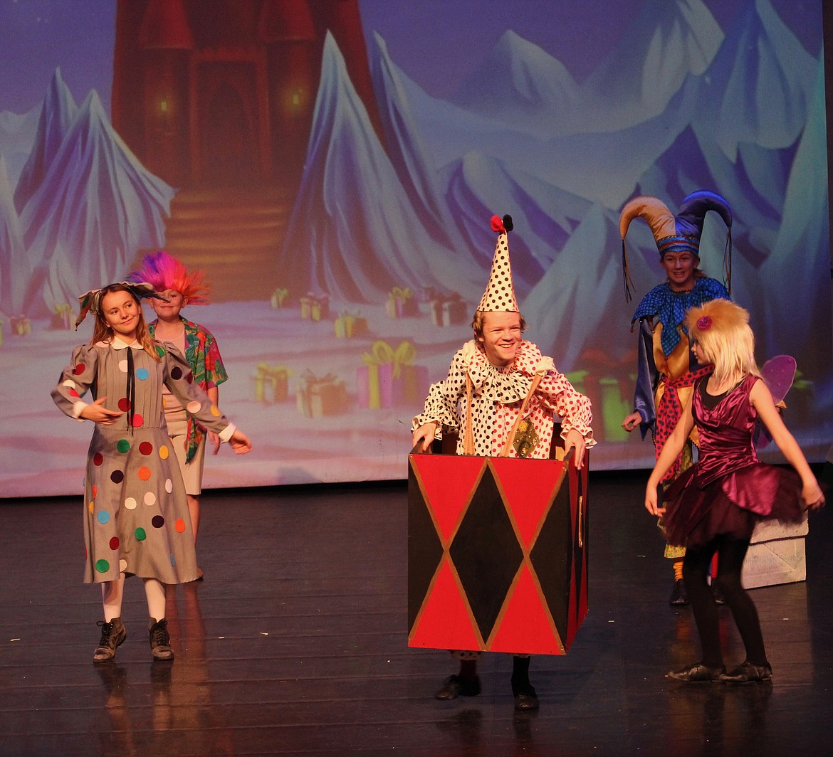 Charlie-in-the-box, played by Collin Olson joined by other misfit toys, played by Macie Jackson, Grace Bell, Rylee Wood, Naomi Miller, Emelia Dahlman, Graham Rennie, Mia Sherman, Madelian Van Oort, Amelia Gibson and Deacon Rudolph. (Taylor Inman/Bigfork Eagle)