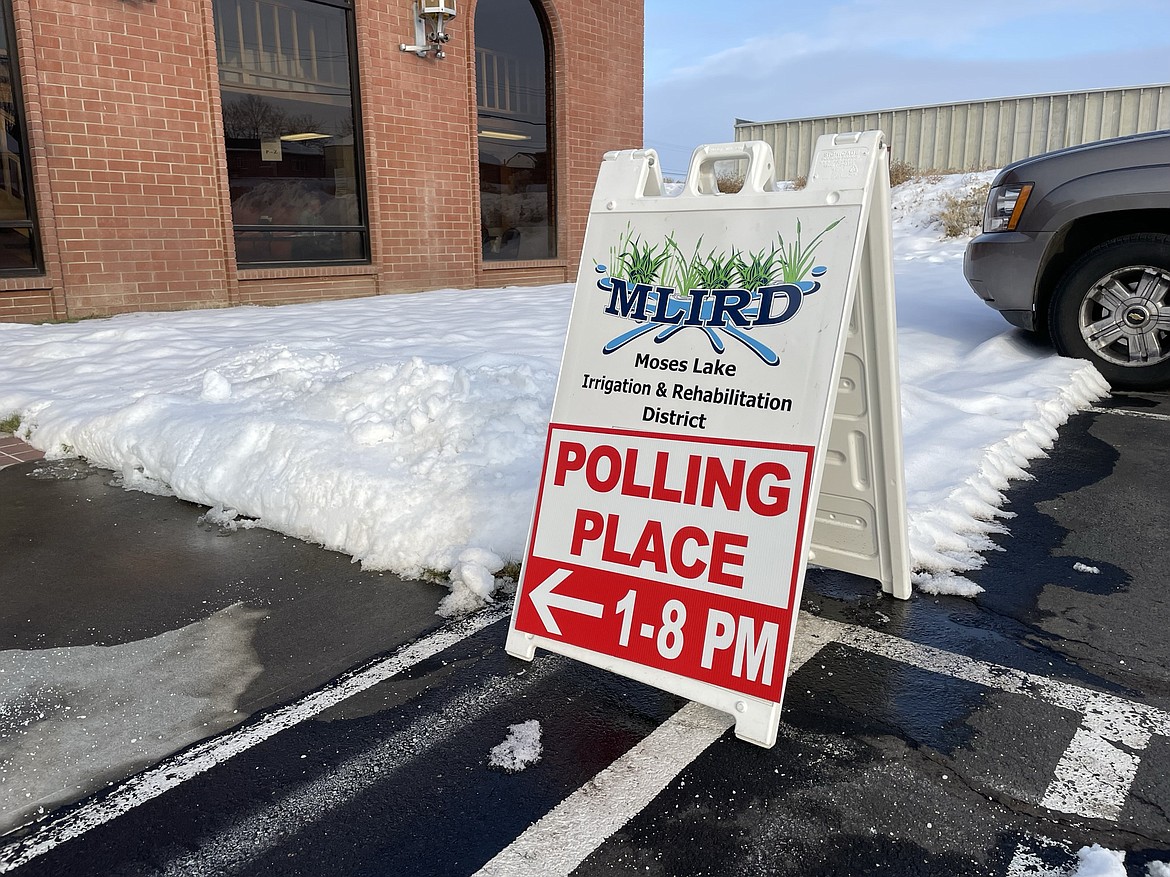 That rare sign in Washington pointing the way to a polling place, in this instance the Moses Lake Irrigation District’s headquarters at 932 E. Wheeler Rd., where district property owners got the opportunity to vote for a new member of the MLIRD board.