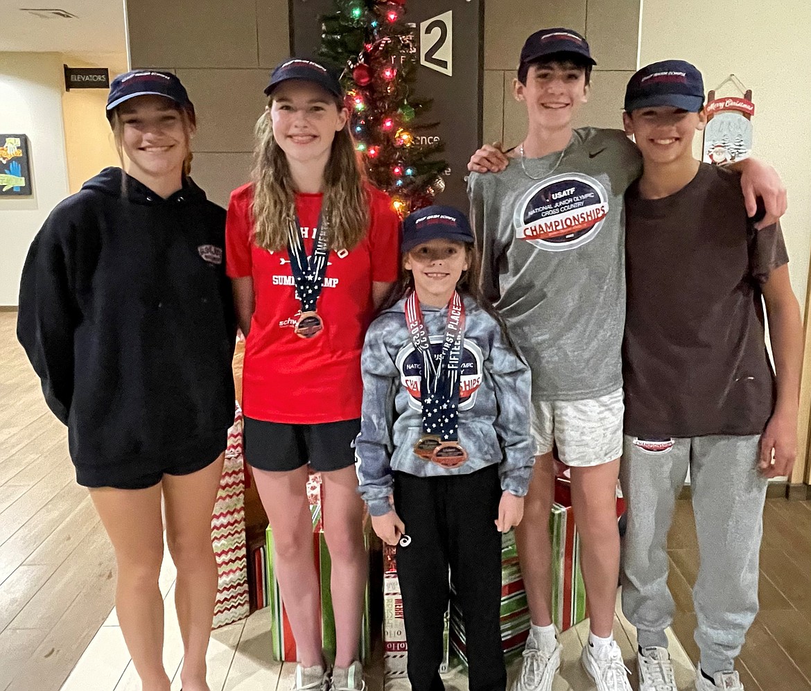 Courtesy photo 
The North Idaho Distance Project produced five All-Americans (top-25 finishers in their respective age groups) at the USATF National Junior Olympic Cross Country Championships on Dec. 10 at College Station, Texas. From left are Talia Bonville, 10th place in 15-16 age group; Helen Oyler, 24th place in 13-14 age group; Summer Dance, 15th place in 9-10 age group; Wyatt Carr, 6th place in 13-14 age group; and Mitchell Rietze, 12th place in 13-14 age group.