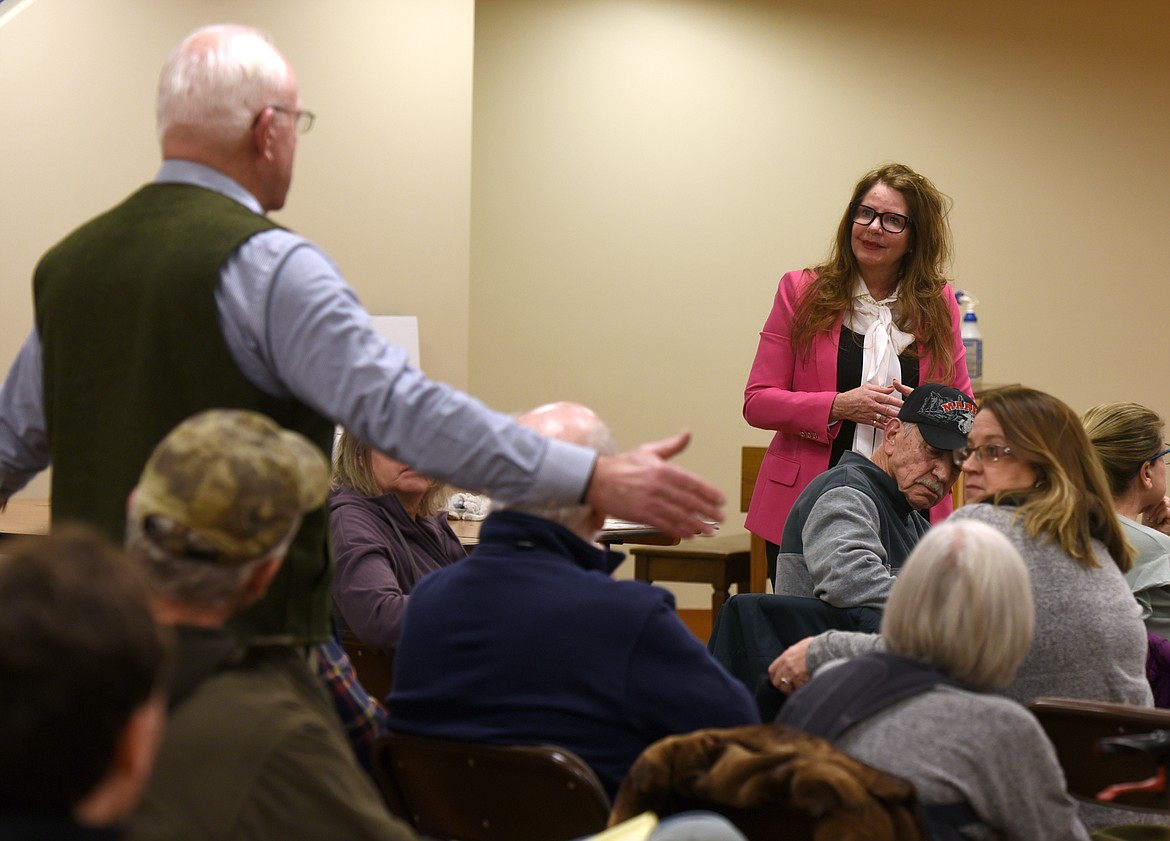 Montana Office of Public Instruction Superintendent Elsie Arntzen listens to Sen.-elect John Fuller talk about education during a community meeting at Sykes Diner in Kalispell on Monday, Dec. 12, 2022. (Hilary Matheson/Daily Inter Lake)