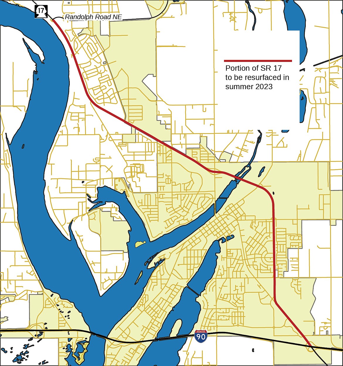 The portion of SR 17 the Washington State Department of Transportation is proposing to resurface during 2023. The department applied for a variance from the city of moses Lake’s noise ordinance to allow for construction during nighttime hours in residential areas.