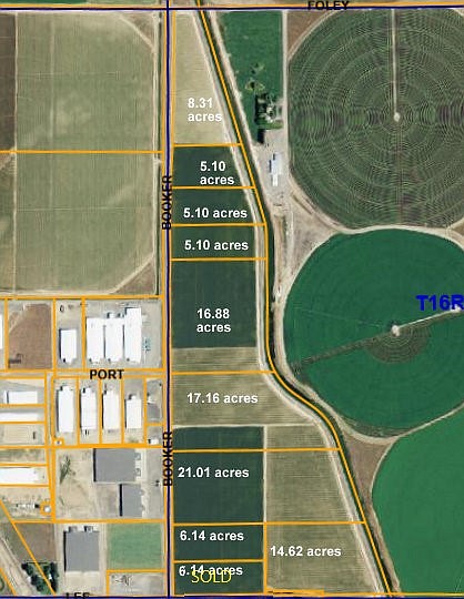 A map of properties at the Port of Othello’s industrial park in Bruce that are for sale.