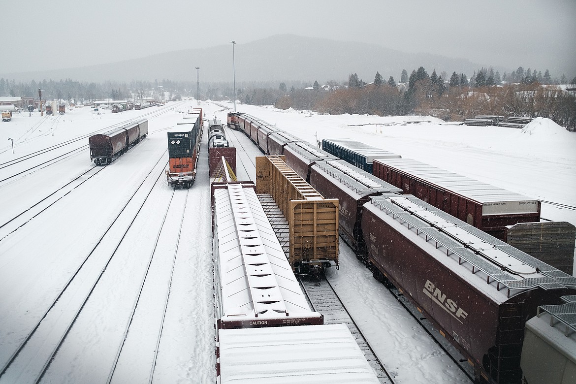 BNSF trains sit in the snow at Whitefish Depot, in Whitefish, Montana. (Photo by Adrian Knowler/Daily Inter Lake)