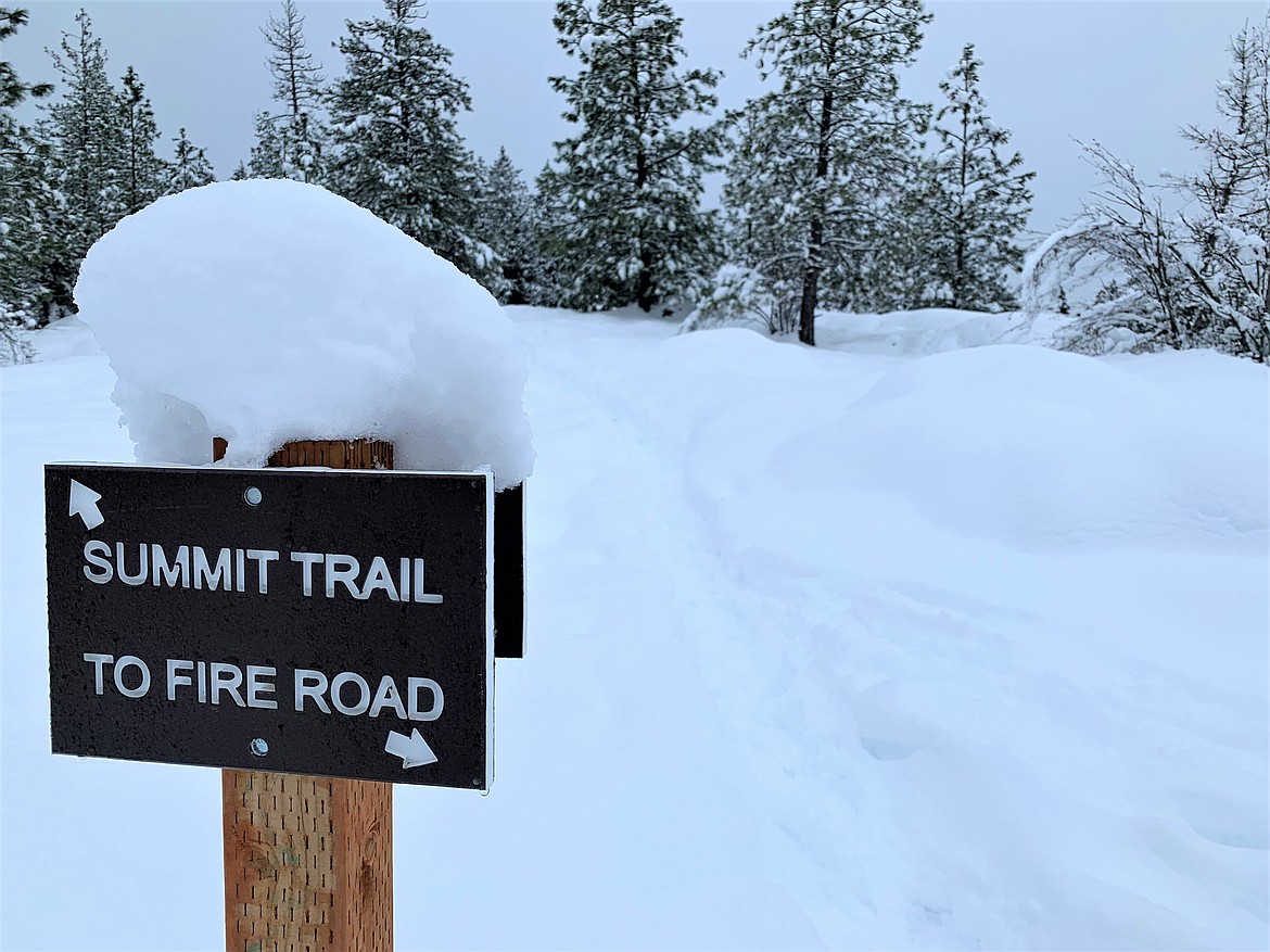 Snow sits on a sign post on the way to the top of Tubbs Hill.