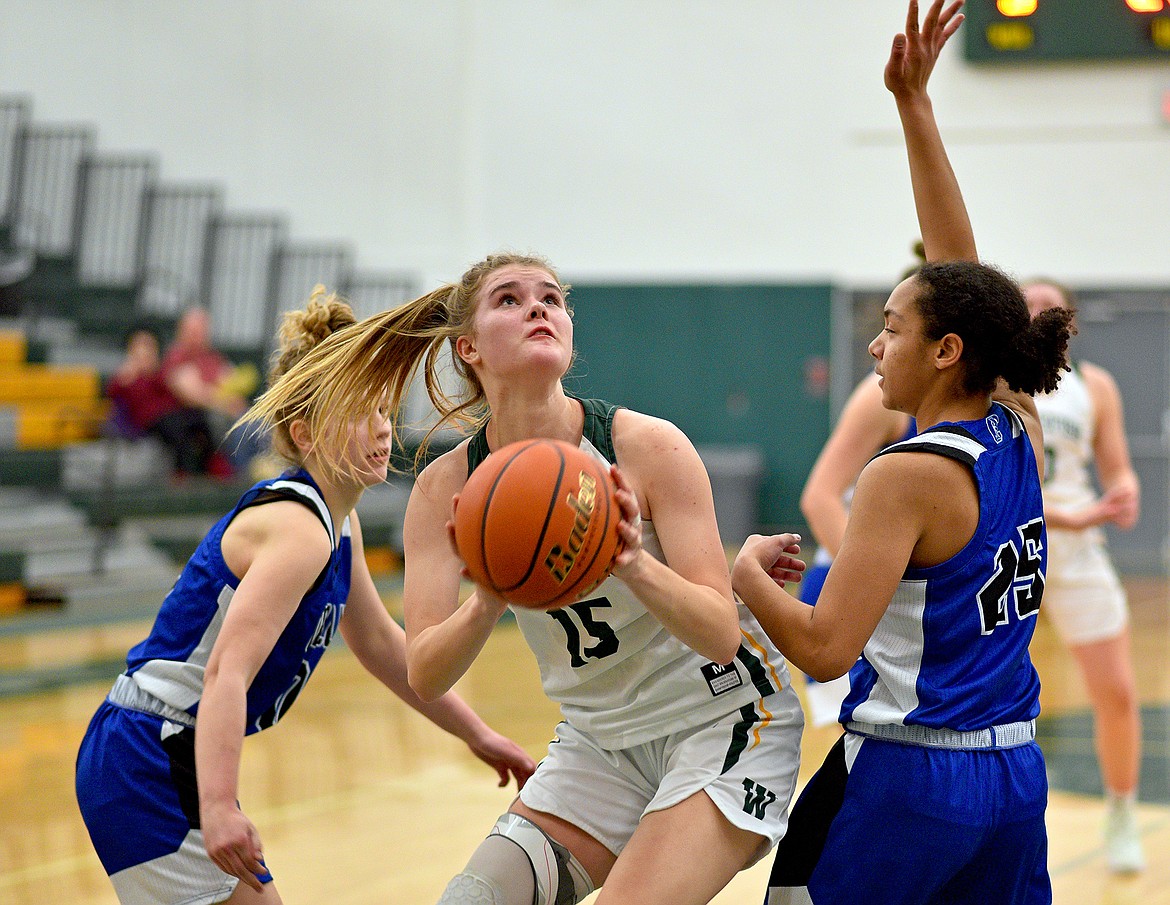 Bulldog Bailey Smith looks for the basket during a game against Corvallis on Friday night in Whitefish. (Whitney England/Whitefish Pilot)