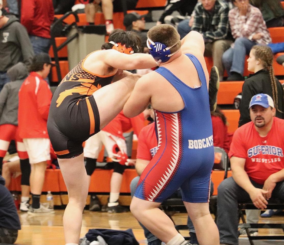 Superior heavyweight Kaleb Pearce has a leg up on his opponent during this past weekend's Buzz Lucy Invitational wrestling meet in Eureka. (Kami Milender photo)