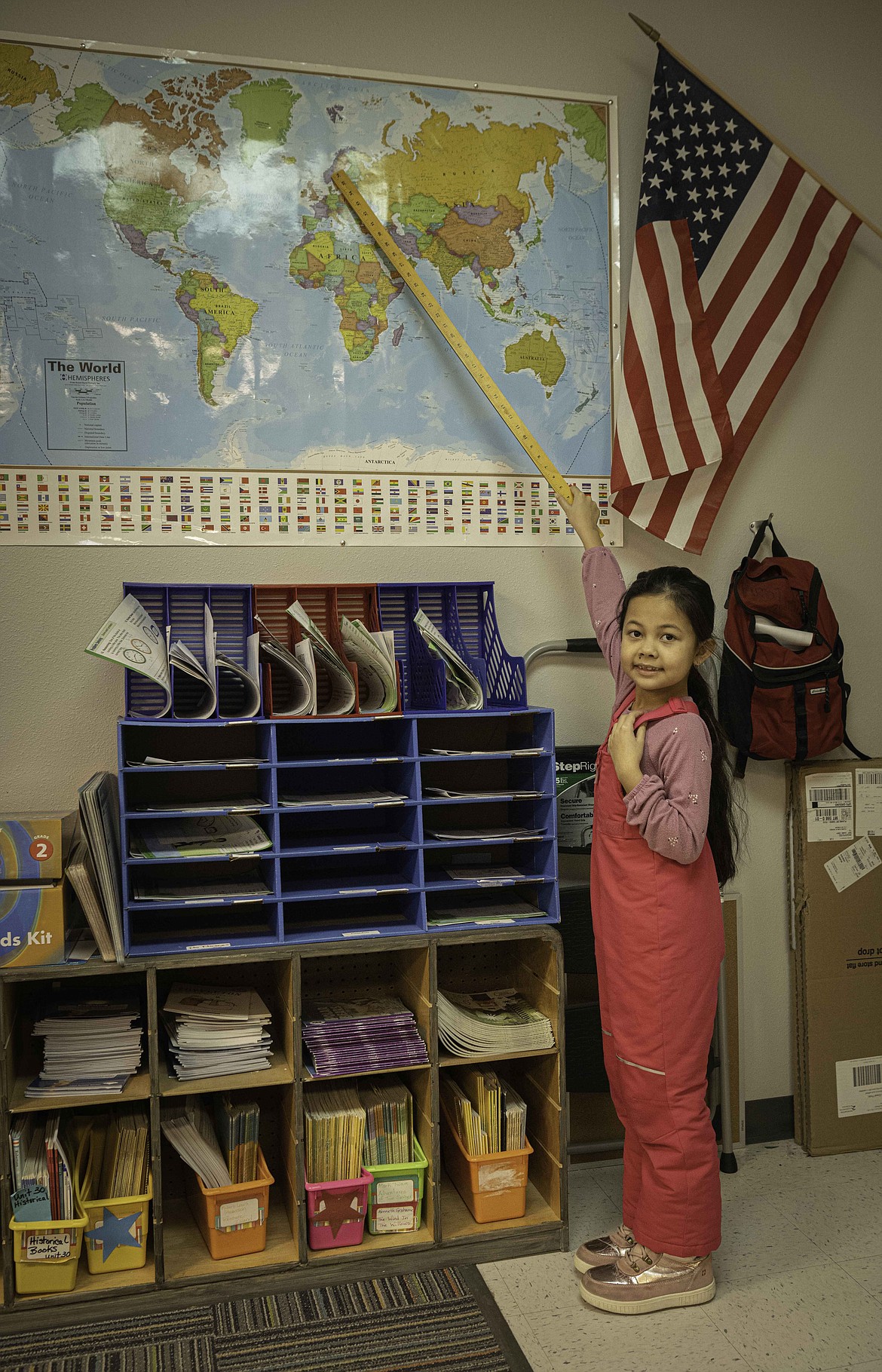 Chloe Monselet points out the next stop of her painting in Stokke, Norway. (Tracy Scott/Valley Press)