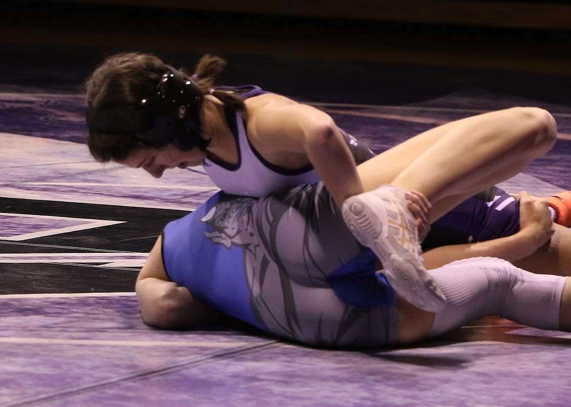 Maddilyn Huffine secures the pin over Kacee French of Corvallis in Friday's Girls Mixer in Polson. (Bob Gunderson Photo)