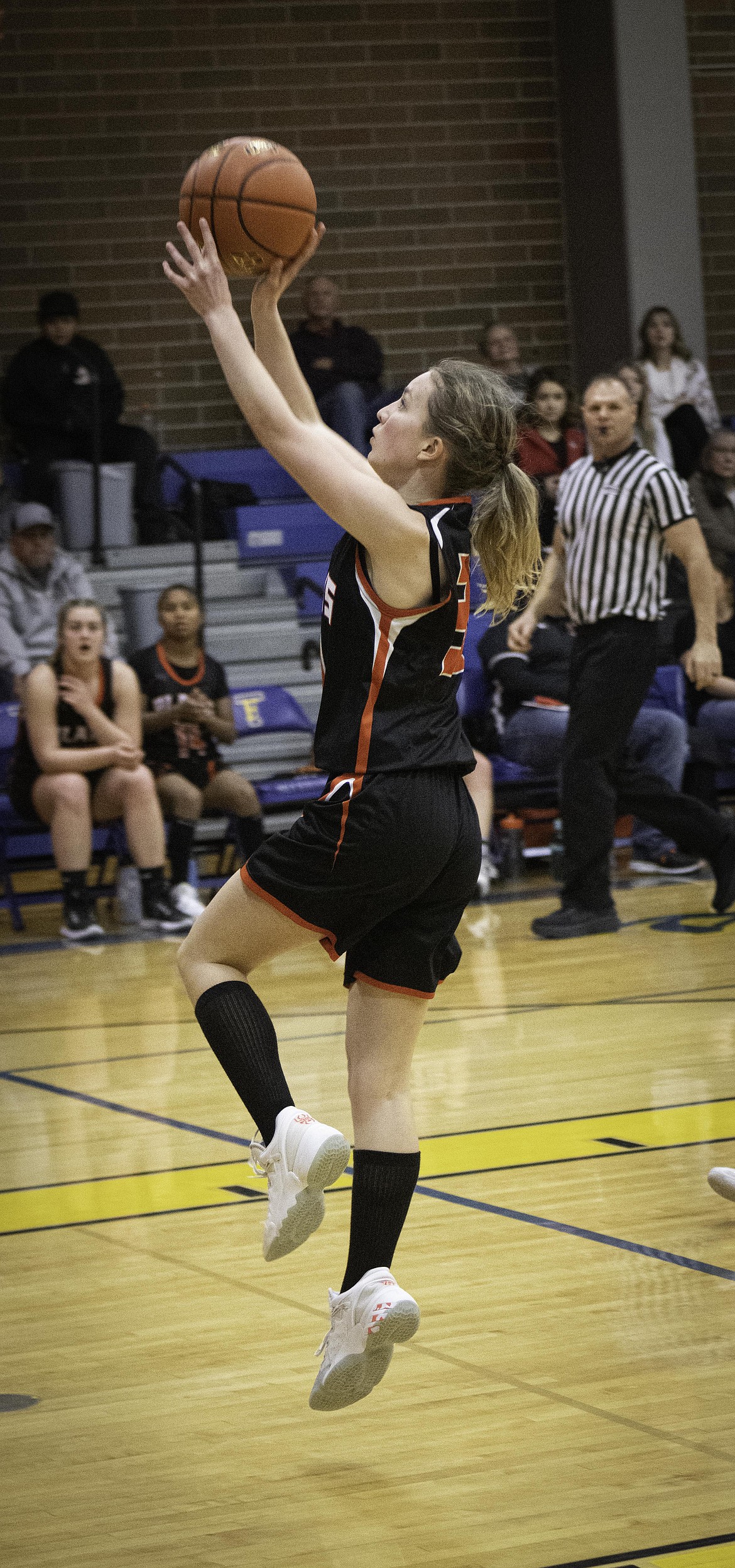 Plains guard Peyton Wasson goes up for a jump shot against Thompson Falls during the Lady Hawks win over the Trotters Friday night in T Falls.  (Tracy Scott, Valley Press)