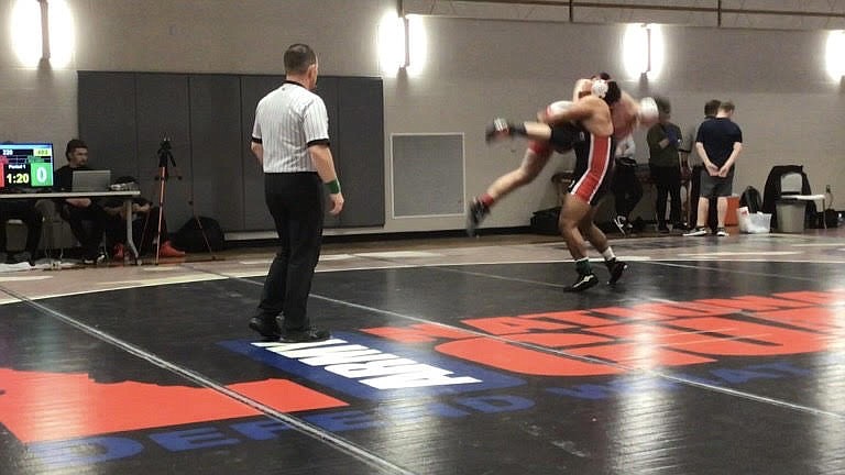 The Othello Huskies placed ninth at this weekend’s Tri-State Wrestling Tournament in Coeur d'Alene, Idaho. Pictured: Othello senior Josue Solorio competes at Tri-State.