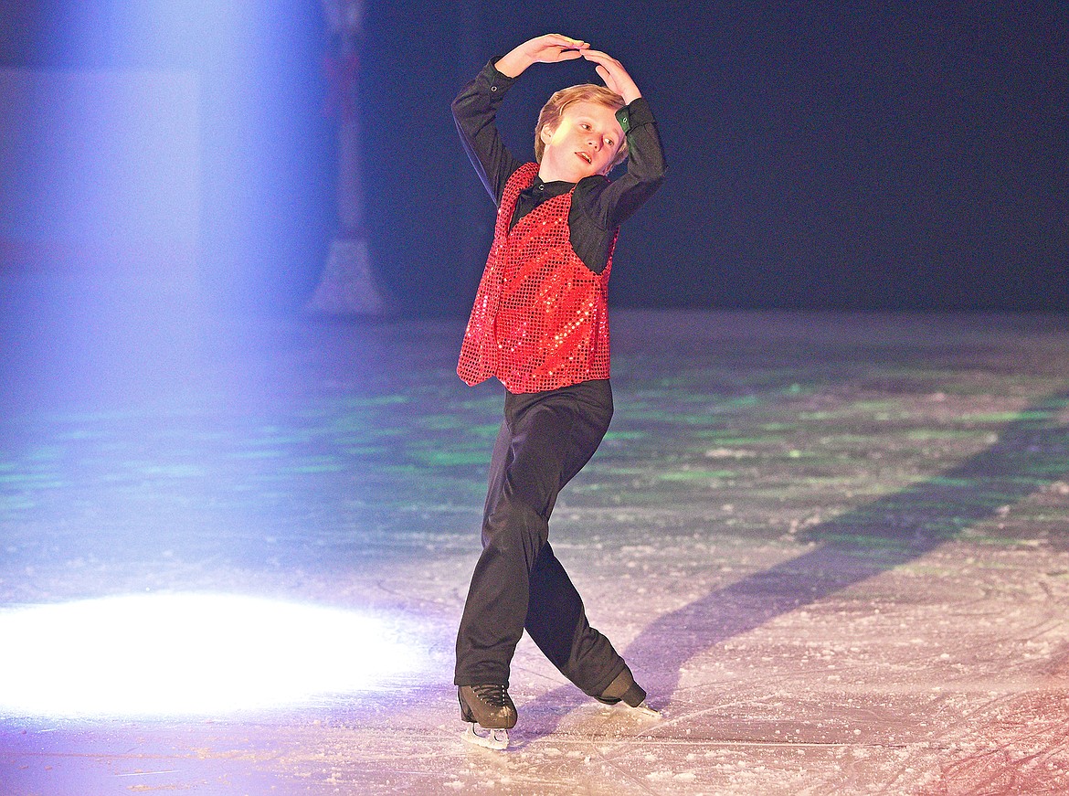 Finn Irwin poses on the ice during the Glacier Skate Academy show 'Winter Wonderland on Ice' at the Stumptown Ice Den on Saturday. (Whitney England/Whitefish Pilot)