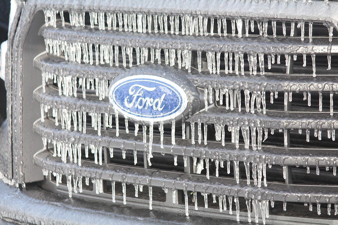 Frozen raindrops fill the grill of a vehicle.Freezing rain is forecast for Christmas Eve and Christmas Day, with bitterly cold temperatures preceding it.