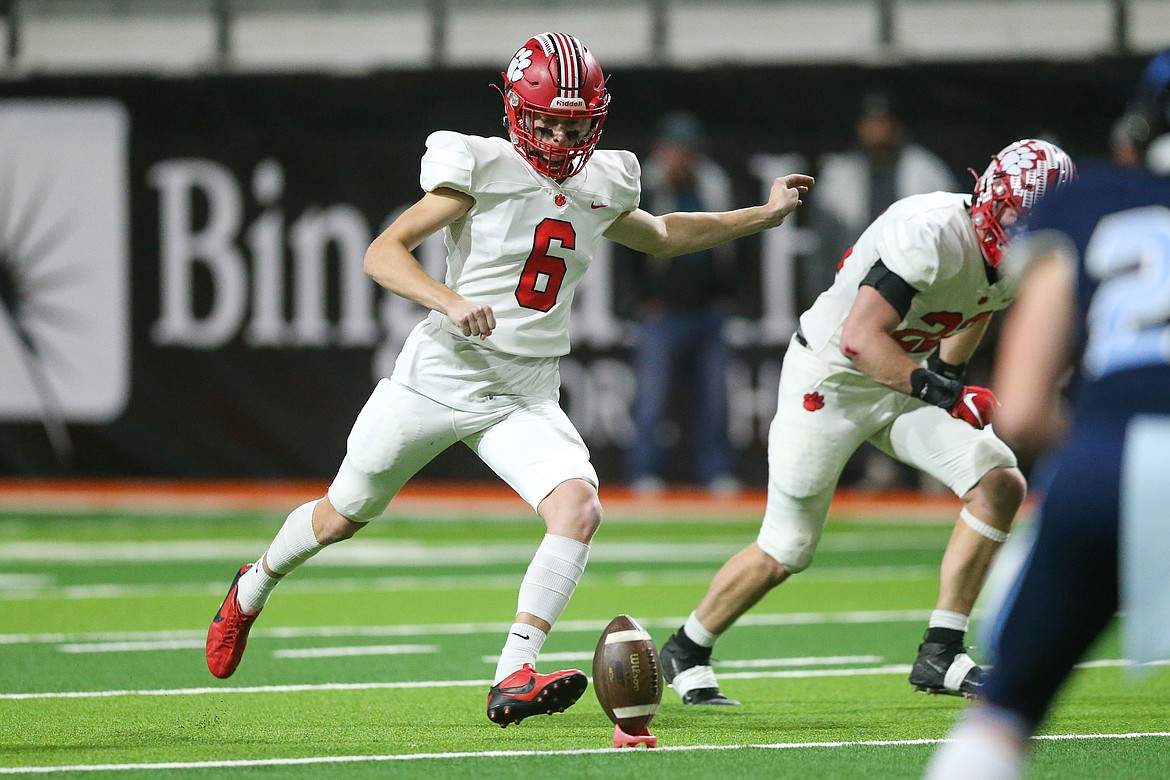 Sandpoint High School punter Jacob Gove kicks against Skyline in this years playoff game. Gove was recently named Second Team All-State for Idaho.