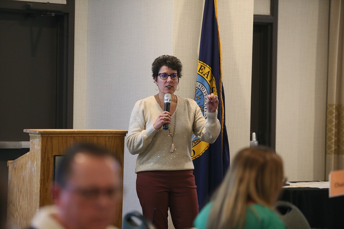 Post Falls School District Superintendent Dena Naccarato, who is the new chair of the Post Falls Chamber of Commerce, discusses strengthening the relationship between the River City's education and business communities Tuesday during the chamber's annual meeting and Connect4Lunch event.