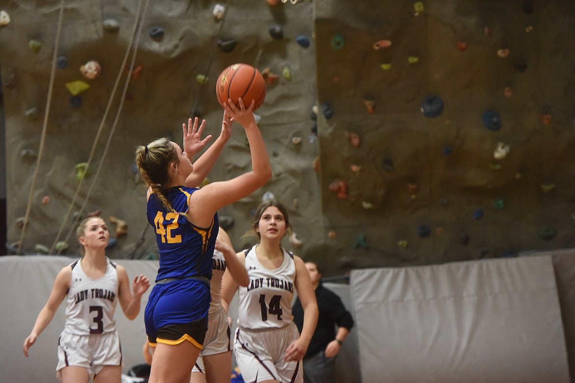 Libby's Peyton Waggoner takes a shot during Wednesday's game in Troy. (Scott Shindledecker/The Western News)