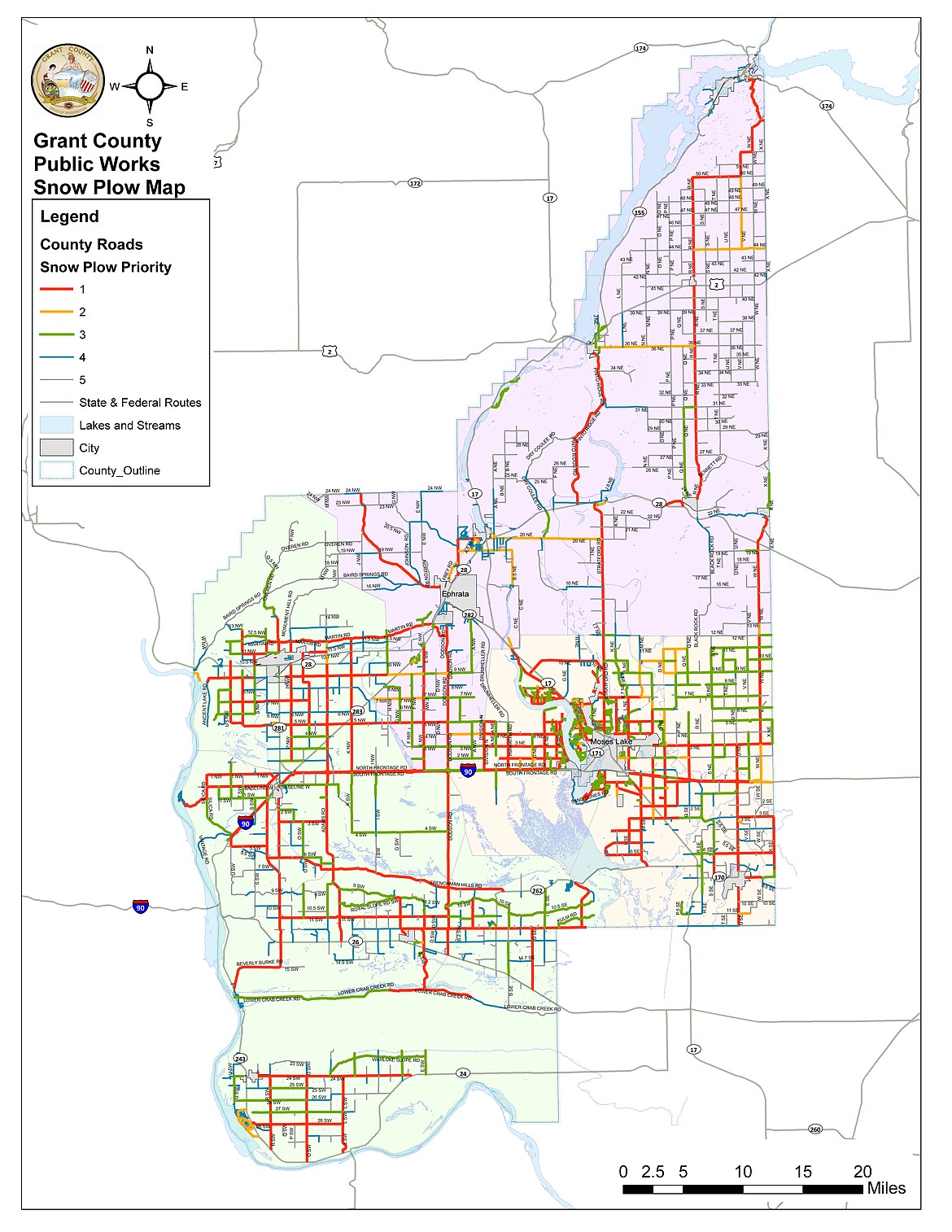 The map from Grant County Public Works shows roads throughout the county, and where each is placed in priority for snow plowing.