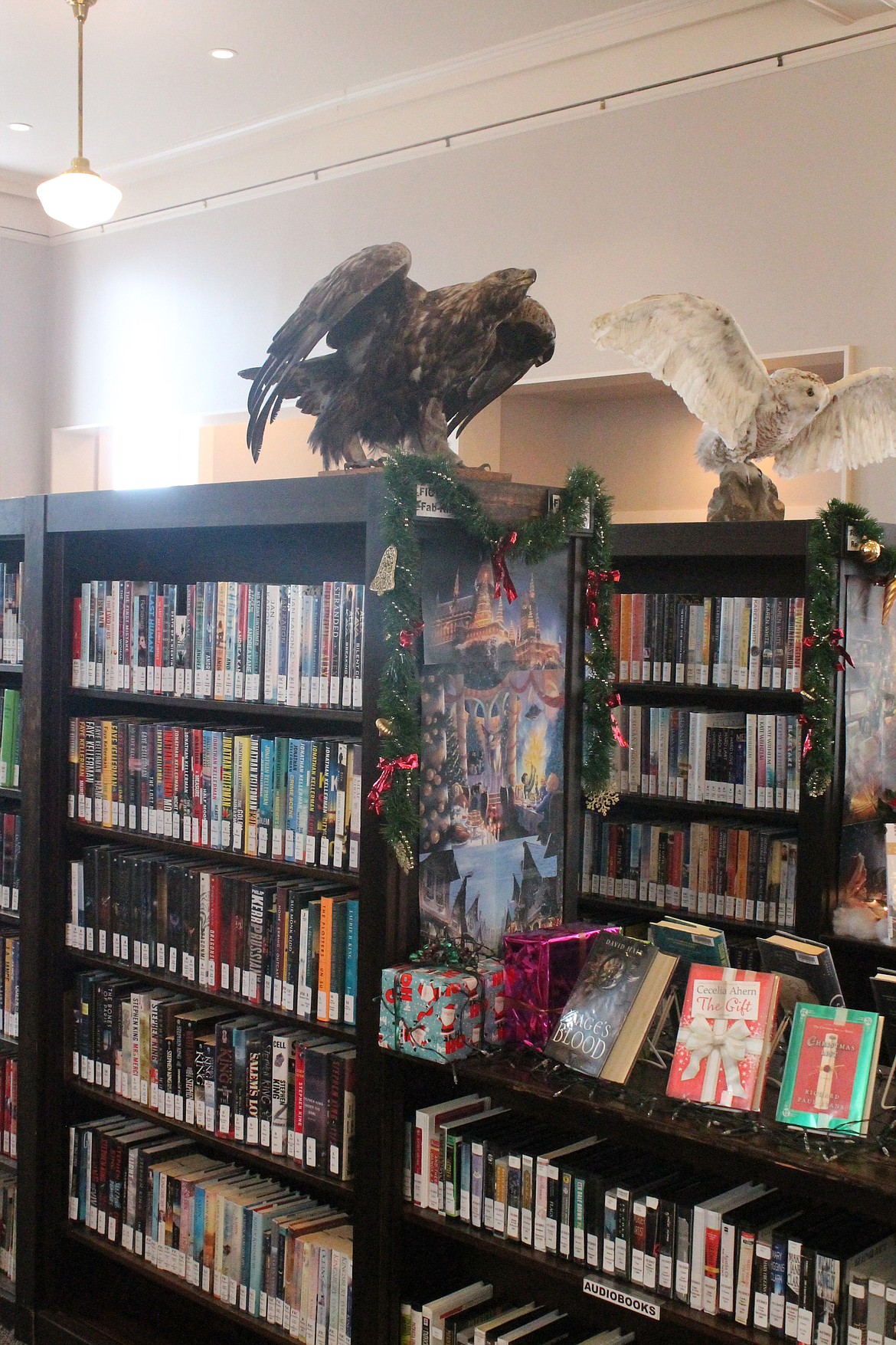 The shelves that house the books at the Ritzville Library are the same ones that were installed in 1907. The stuffed birds of prey that guard them are of more recent origin.