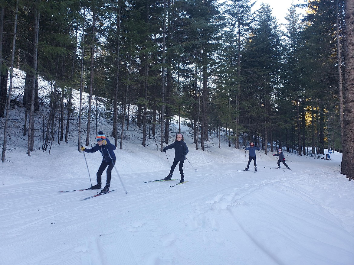 Libby Welker, Tekla Lien, Felix Hurt, and Althea Jones nordic skiing on a wide trail in Pine Street Woods.