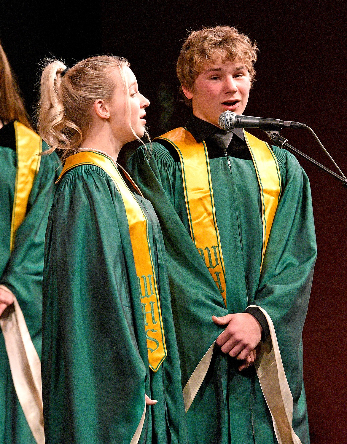 WHS students Annie Walsh and Sam Nissen perform a duet during the Whitefish High School and Middle School winter choir concert at the Performing Arts Center on Dec. 8. (Whitney England/Whitefish Pilot)
