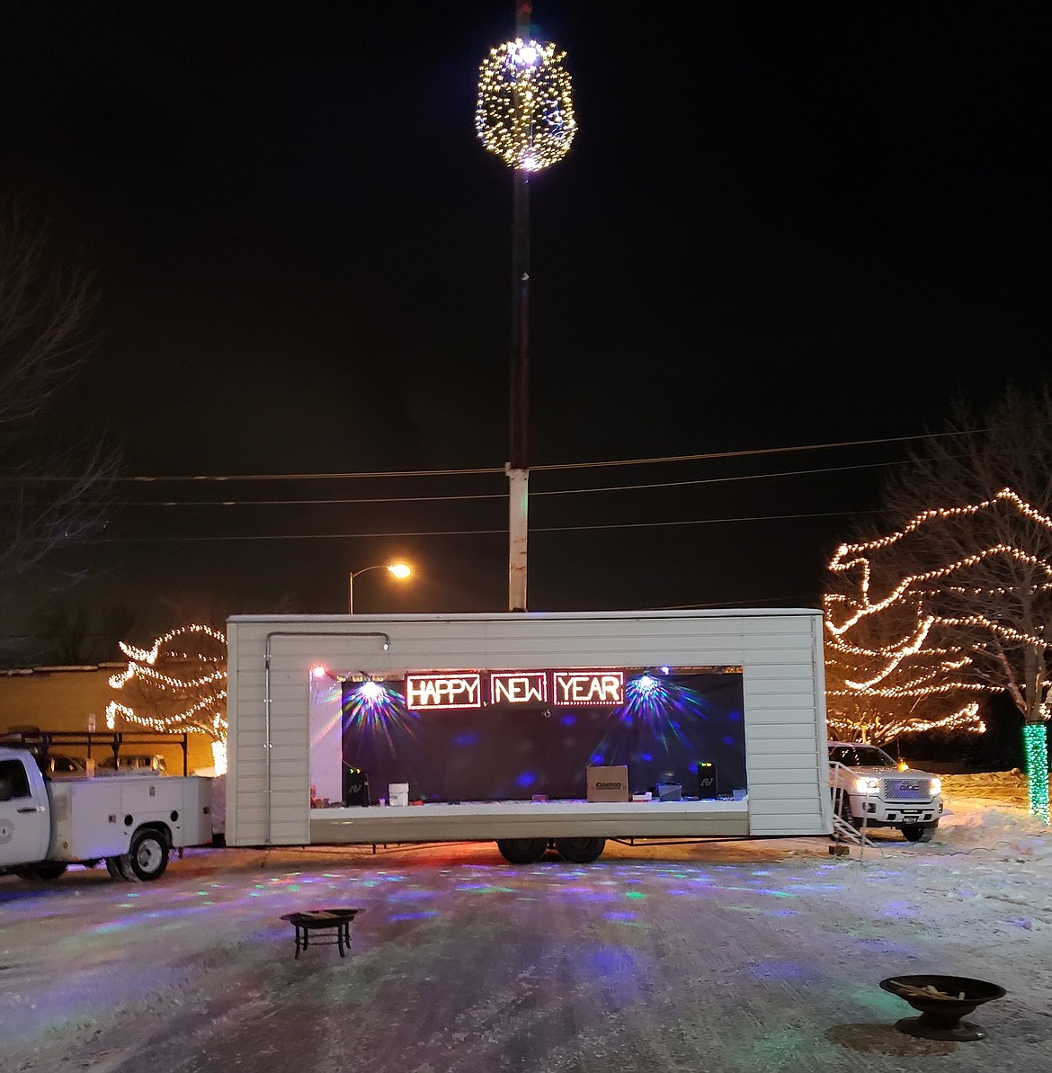 The portable stage is rolled in for the Rathdrum New Year's Eve Celebration in 2019, featuring ball drop from the top of a Northwest Building Components crane. This New Year's Eve the ball drop will take place at 9 p.m. on Main Street in Rathdrum.