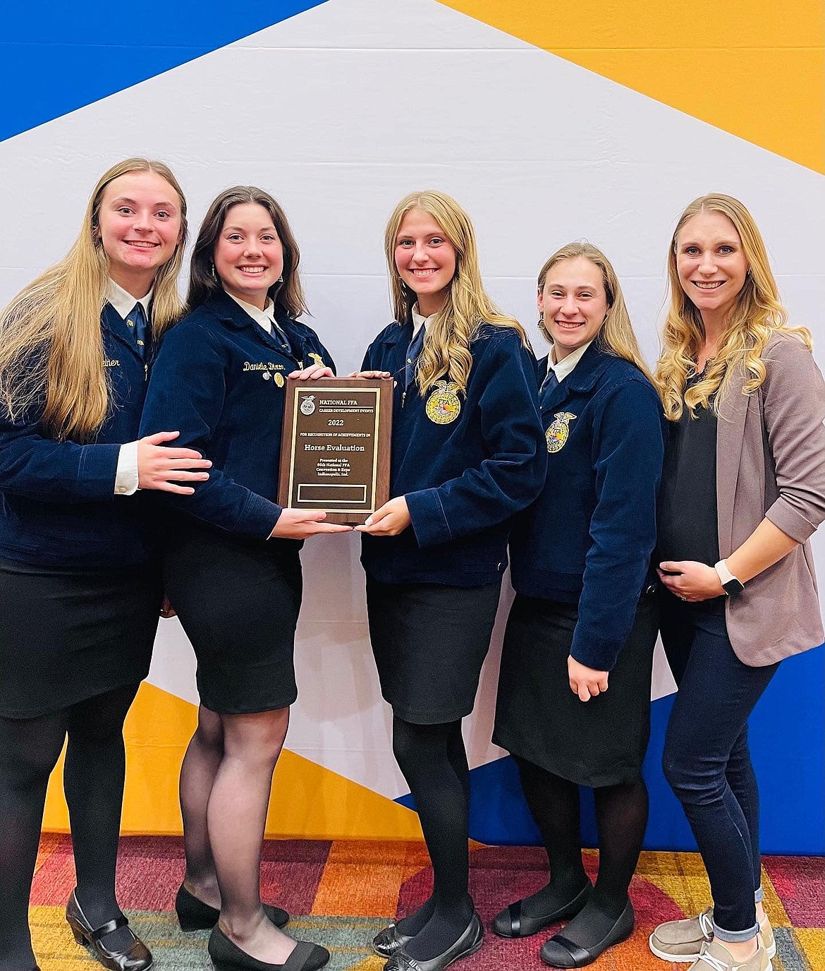 The Kalispell FFA Horse Judging team received a gold award for their performance at nationals. Pictured are Kalispell FFA Horse Judging teammates Libby Reiner, Danielle Dixon, Rylee Glimm, Jordyn Greene and Kalispell FFA Adviser Kalee Knust.