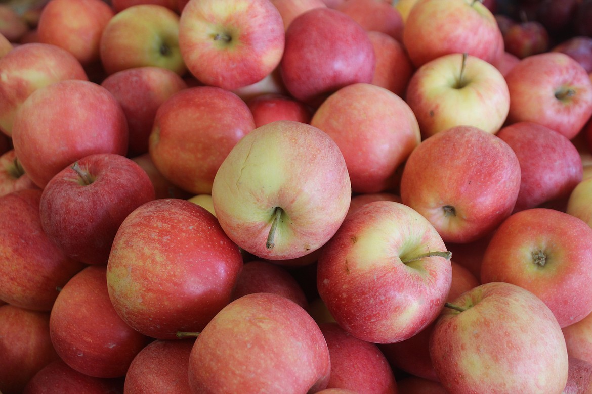 Apples fill a bin at an Othello-area fruit stand. Washington’s 2022 apple crop was a victim of bad weather and was smaller than projected.