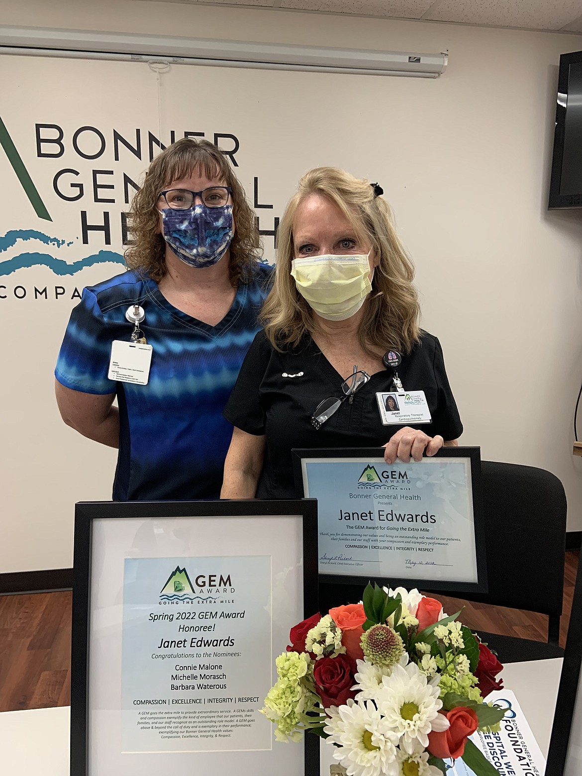 Janet Edwards, right, who works in the hospital's cardiopulmonary department was one of two Bonner General Health employees who received a GEM Award. The award is dedicated to all non-nursing staff who demonstrate excellence in their work.