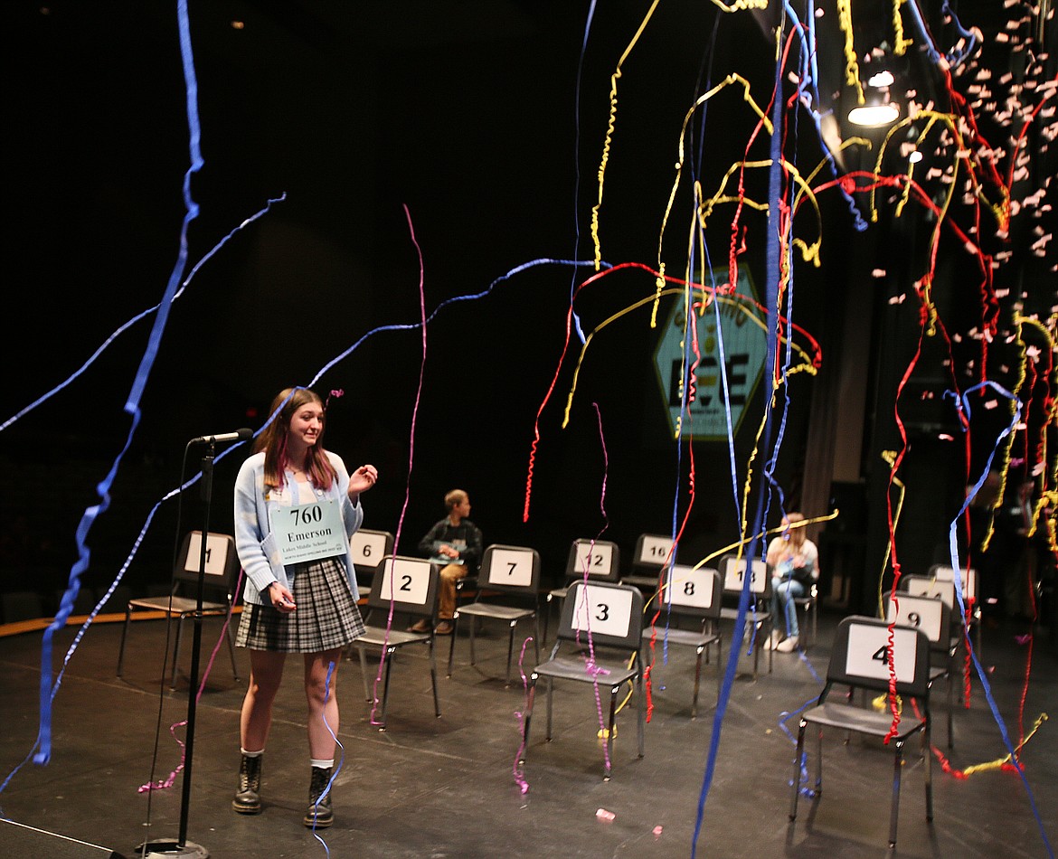 Lakes Middle School eighth-grader Emerson Rakes claims victory in a shower of confetti Feb. 12 at the North Idaho Spelling Bee in Schuler Performing Arts Center on the North Idaho College campus.