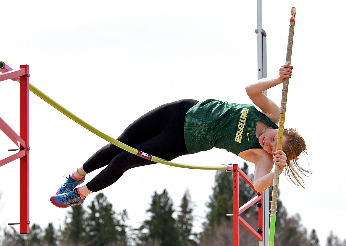 Whitefish freshman Georgia Morrell clears the mark in pole vault at the Whitefish ARM. (Whitney England/Whitefish Pilot)