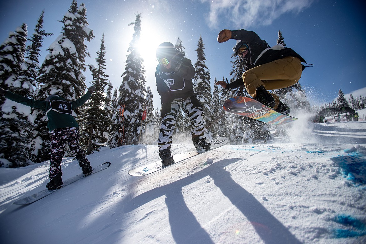 Three racers take the first jump at the Nate Chute Banked Slalom. (JP Edge photo)