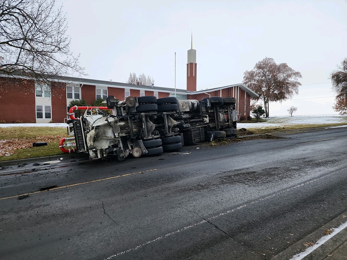 A large concrete pumping truck spun around and turned over on icy city streets in Warden early Tuesday. Though he had initially been pinned in the cab of the truck, the driver was taken to Samaritan Hospital in Moses Lake and was reportedly not injured in the accident.