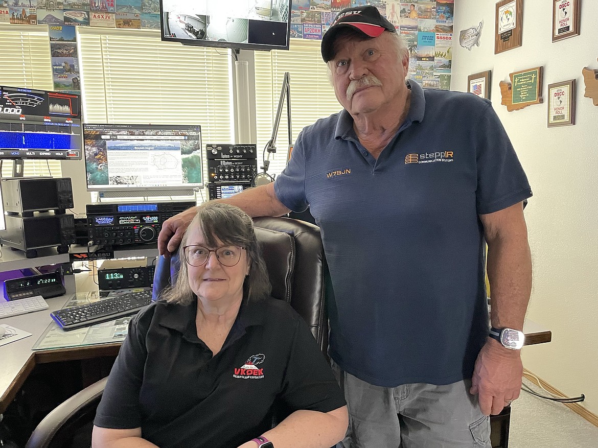 Leigh Ann (W7LEA) and Brian Nielson (W7BJN) in their shared radio shack at their Moses Lake home.