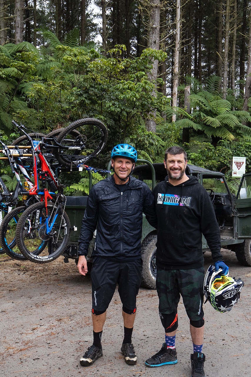 Ken Block (pictured right) during his visit to New Zealand for the 2019 International Rally of Whangarei. Block spent time mountain biking in Rotorua with local legend Graeme Murray (pictured left).