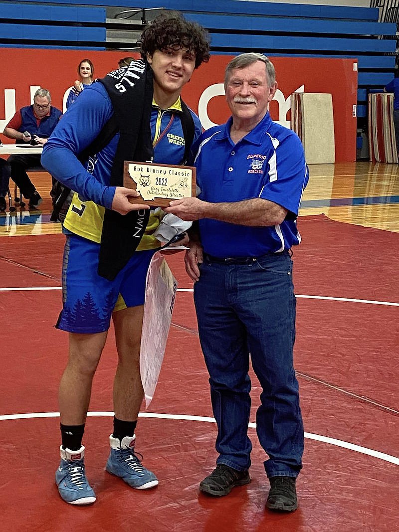 Libby's Jace DeShazer, shown here at the Bob Kinney Tournament last month, is ranked first at 205 pounds in Class A. (Photo courtesy Libby High School)