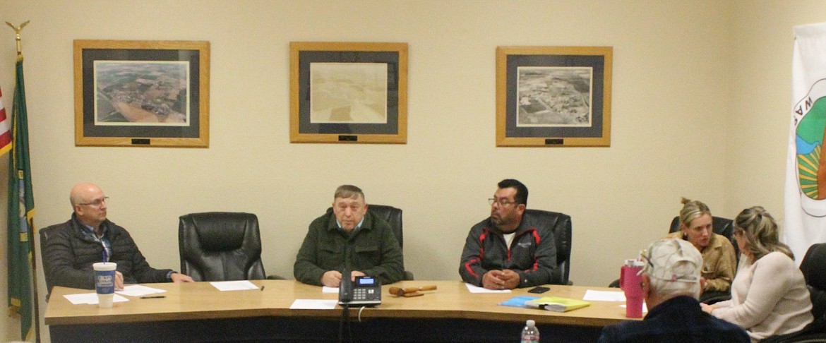 The Royal City City Council meets Tuesday evening. From left: Michael Christensen, Mayor Kent Anderson, Hector Rodriguez, Mackenzee Anderson and Tiffany Workinger.