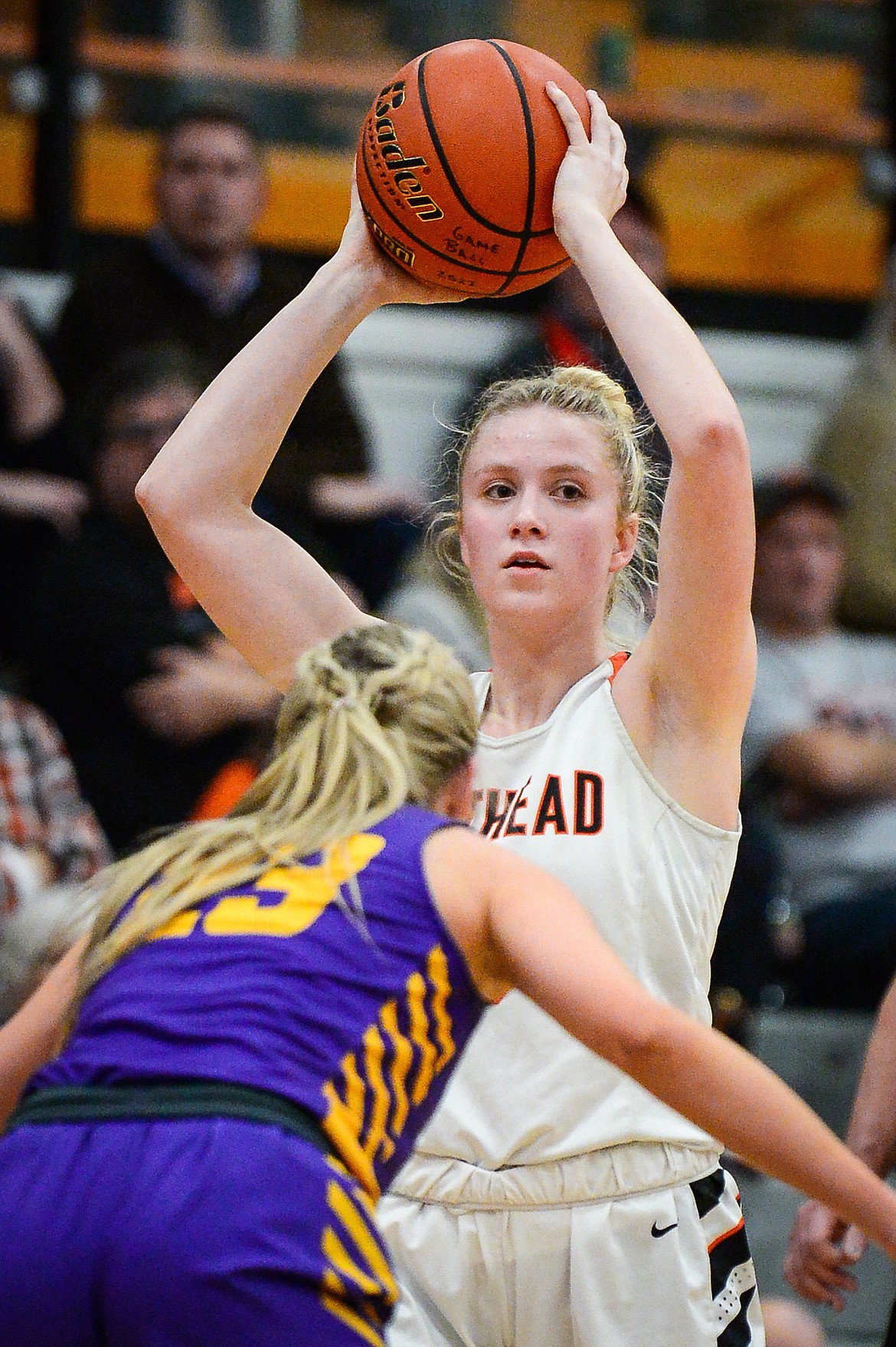 Flathead's Maddy Moy (5) looks for an open teammate in the first half against Missoula Sentinel at Flathead High School on Friday, Jan. 6. (Casey Kreider/Daily Inter Lake)